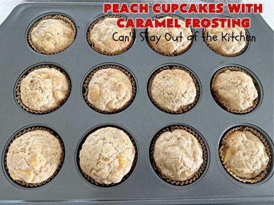Peach Cupcakes with Caramel Frosting | Can't Stay Out of the Kitchen | these fabulous #cupcakes include fresh #peaches, #applesauce & #bananas in the batter. Then they're topped with a dreamy #CaramelFrosting. You'll be captivated and swooning over every bite. #dessert #PeachDessert #PeachCupcakes #PeachCupcakesWithCaramelFrosting