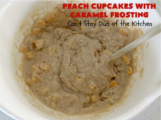 Peach Cupcakes with Caramel Frosting | Can't Stay Out of the Kitchen | these fabulous #cupcakes include fresh #peaches, #applesauce & #bananas in the batter. Then they're topped with a dreamy #CaramelFrosting. You'll be captivated and swooning over every bite. #dessert #PeachDessert #PeachCupcakes #PeachCupcakesWithCaramelFrosting