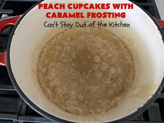 Peach Cupcakes with Caramel Frosting | Can't Stay Out of the Kitchen | these fabulous #cupcakes include fresh #peaches, #applesauce & #bananas in the batter. Then they're topped with a dreamy #CaramelFrosting. You'll be captivated and swooning over every bite. #dessert #PeachDessert #PeachCupcakes #PeachCupcakesWithCaramelFrosting