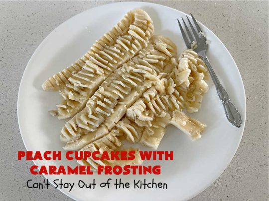 Peach Cupcakes with Caramel Frosting | Can't Stay Out of the Kitchen | these fabulous #cupcakes include fresh #peaches, #applesauce & #bananas in the batter. Then they're topped with a dreamy #CaramelFrosting. You'll be captivated and swooning over every bite. #dessert #PeachDessert #PeachCupcakes #PeachCupcakesWithCaramelFrosting