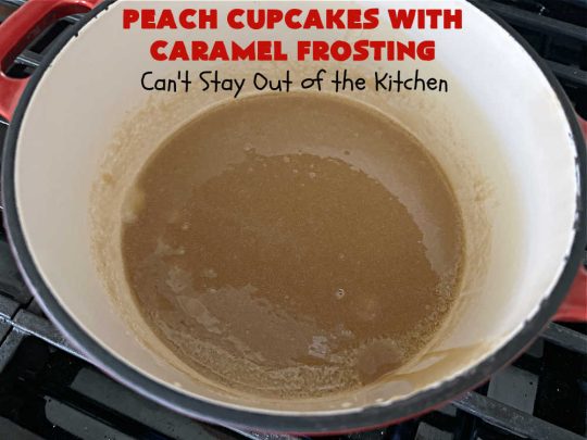 Peach Cupcakes with Caramel Frosting | Can't Stay Out of the Kitchen | these fabulous #cupcakes include fresh #peaches, #applesauce & #bananas in the batter. Then they're topped with a dreamy #CaramelFrosting. You'll be captivated and swooning over every bite. #dessert #PeachDessert #PeachCupcakes #PeachCupcakesWithCaramelFrosting