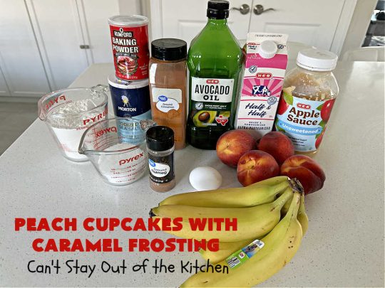 Peach Cupcakes with Caramel Frosting | Can't Stay Out of the Kitchen | these fabulous #cupcakes include fresh #peaches, #applesauce & #bananas in the batter. Then they're topped with a dreamy #CaramelFrosting. You'll be captivated and swooning over every bite. #dessert #PeachDessert #PeachCupcakes #PeachCupcakesWithCaramelFrosting