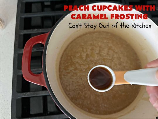 Peach Cupcakes with Caramel Frosting | Can't Stay Out of the Kitchen | these fabulous #cupcakes include fresh #peaches, #applesauce & #bananas in the batter. Then they're topped with a dreamy #CaramelFrosting. You'll be captivated and swooning over every bite. #dessert #PeachDessert #PeachCupcakes #PeachCupcakesWithCaramelFrosting