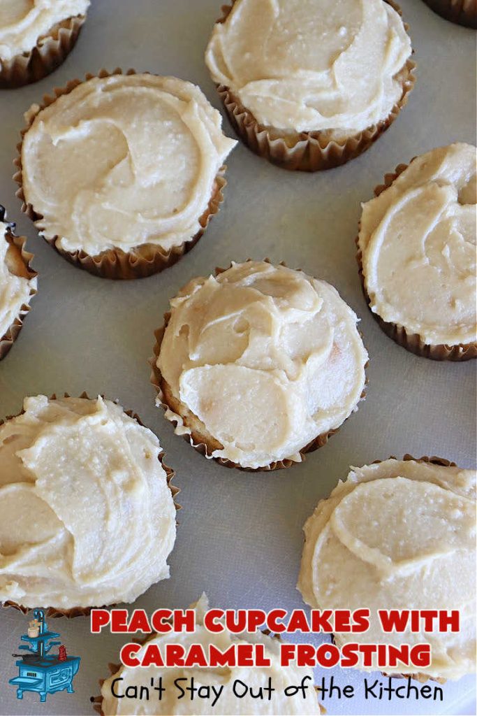 Peach Cupcakes with Caramel Frosting | Can't Stay Out of the Kitchen | these fabulous #cupcakes include fresh #peaches, #applesauce & #bananas in the batter. Then they're topped with a dreamy #CaramelFrosting. You'll be captivated and swooning over every bite. #dessert #PeachDessert #PeachCupcakes #PeachCupcakesWithCaramelFrosting