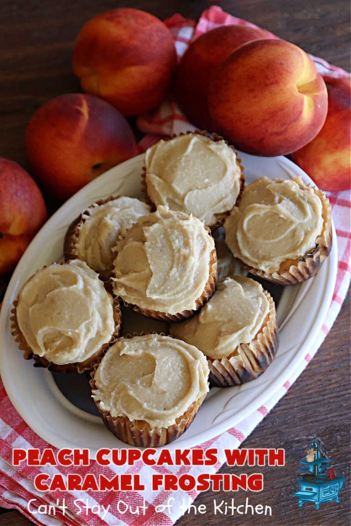 Peach Cupcakes with Caramel Frosting | Can't Stay Out of the Kitchen | these fabulous #cupcakes include fresh #peaches, #applesauce & #bananas in the batter. Then they're topped with a dreamy #CaramelFrosting. You'll be captivated and swooning over every bite. #dessert #PeachDessert #PeachCupcakes #PeachCupcakesWithCaramelFrosting