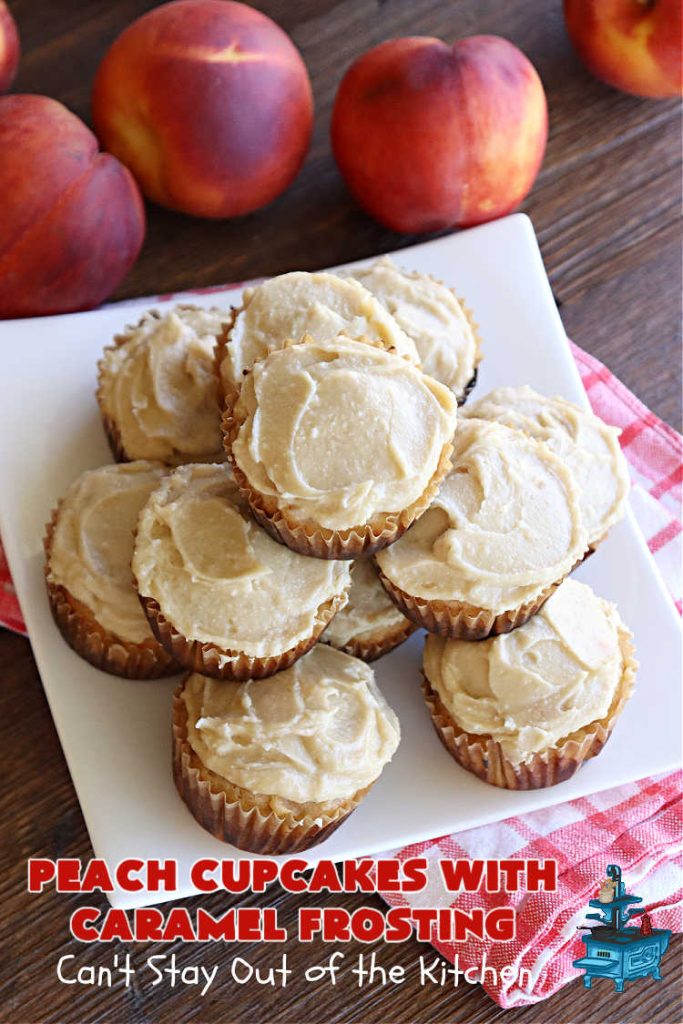 Peach Cupcakes with Caramel Frosting | Can't Stay Out of the Kitchen | these fabulous #cupcakes include fresh #peaches, #applesauce & #bananas in the batter. Then they're topped with a dreamy #CaramelFrosting. You'll be captivated and swooning over every bite. #dessert #PeachDessert #PeachCupcakes #PeachCupcakesWithCaramelFrosting