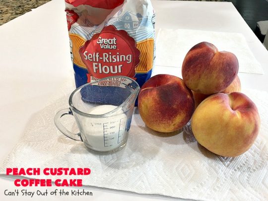 Peach Custard Coffee Cake | Can't Stay Out of the Kitchen | this delicious #CoffeeCake is made with fresh #peaches & has a custard filling on top. It's a wonderful #cake for a weekend or company #breakfast. This #recipe makes two round cake pans so it's perfect for a crowd. #summer #HolidayBreakfast #PeachCustardCoffeeCake #southern