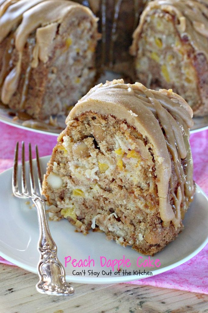 Peach Dapple Cake | Can't Stay Out of the Kitchen | This #cake is amazing. It's filled with #peaches #coconut and #macadamianuts and has a scrumptious brown sugar glaze. #dessert