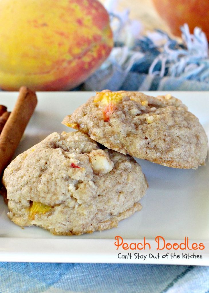 Peach Doodles | Can't Stay Out of the Kitchen | #peaches and #macadamianuts fill these delicious #cookies. You'll be coming back for more! #dessert