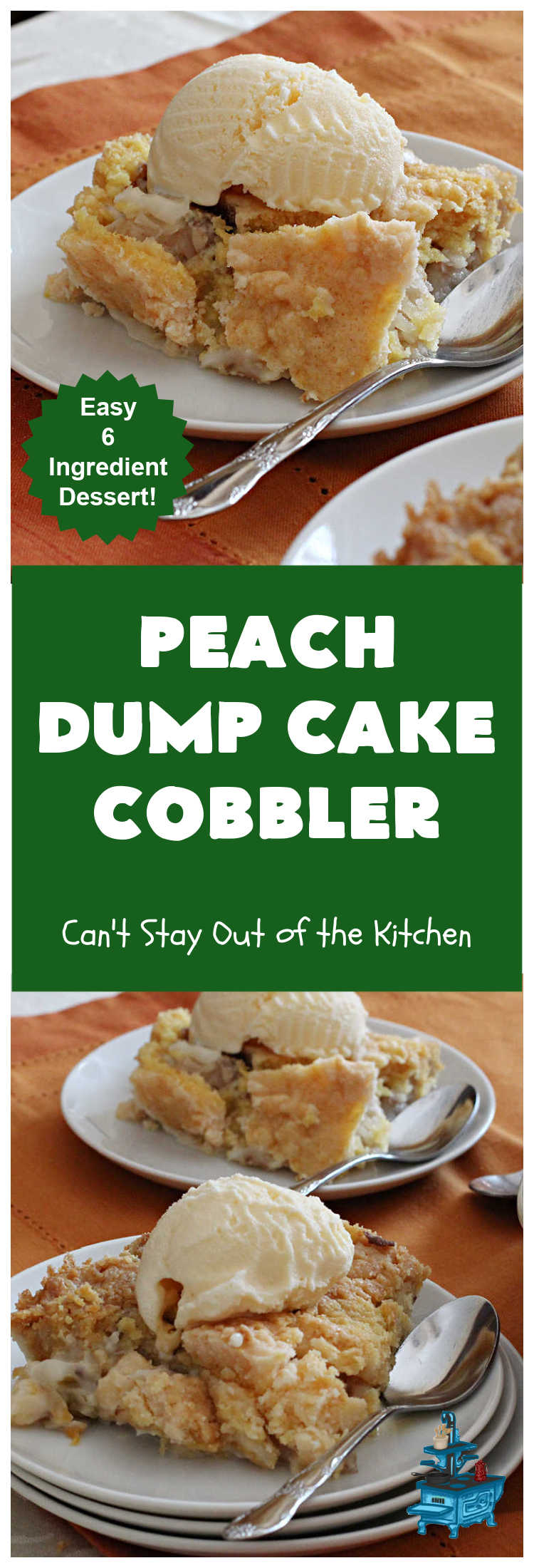 Peach Dump Cake Cobbler | Can't Stay Out of the Kitchen | this easy 6-ingredient #dessert is quick to toss together. You can use #PeachPieFilling #CannedPeaches or #PeachesAndCremePieFilling which is phenomenal. If you need a quick #dessert this one is so delectable--especially topped with #IceCream. Don't Let the name fool you. #DumpCake is really more like #cobbler than cake. Everything is dumped into the dish & then baked. So quick & easy. #PeachDumpCakeCobbler