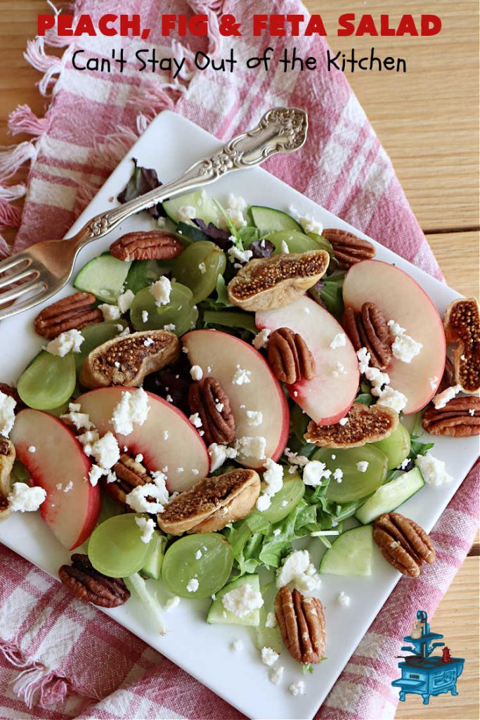 Peach, Fig & Feta Salad | Can't Stay Out of the Kitchen | this delicious gourmet-type #salad is fantastic for company or #holiday dinners. The sweetness comes from #peaches, #figs & #grapes. The savory flavors come from #FetaCheese & roasted #pecans. #Healthy #LowCalorie #GlutenFree #PeachFigAndFetaSaladPeach, Fig & Feta Salad | Can't Stay Out of the Kitchen | this delicious gourmet-type #salad is fantastic for company or #holiday dinners. The sweetness comes from #peaches, #figs & #grapes. The savory flavors come from #FetaCheese & roasted #pecans. #Healthy #LowCalorie #GlutenFree #PeachFigAndFetaSalad