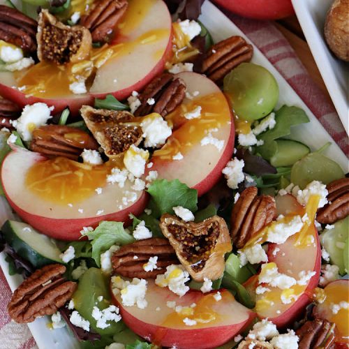 Peach, Fig & Feta Salad | Can't Stay Out of the Kitchen | this delicious gourmet-type #salad is fantastic for company or #holiday dinners. The sweetness comes from #peaches, #figs & #grapes. The savory flavors come from #FetaCheese & roasted #pecans. #Healthy #LowCalorie #GlutenFree #PeachFigAndFetaSaladPeach, Fig & Feta Salad | Can't Stay Out of the Kitchen | this delicious gourmet-type #salad is fantastic for company or #holiday dinners. The sweetness comes from #peaches, #figs & #grapes. The savory flavors come from #FetaCheese & roasted #pecans. #Healthy #LowCalorie #GlutenFree #PeachFigAndFetaSalad