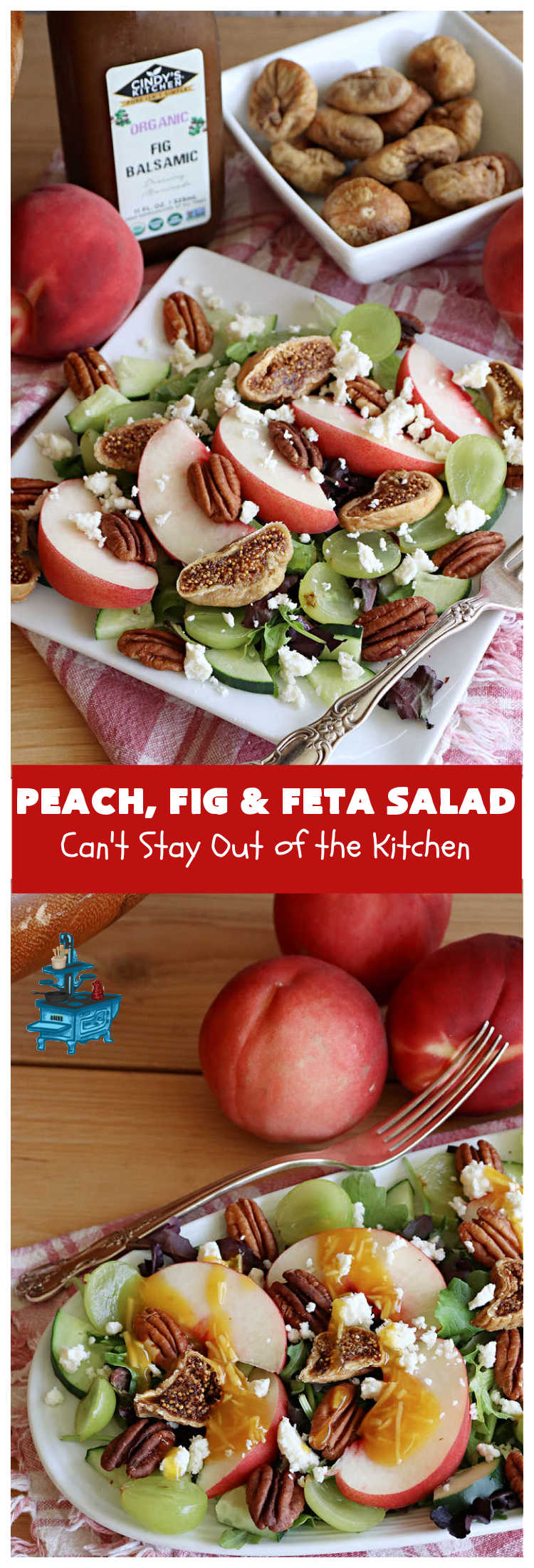 Peach, Fig & Feta Salad | Can't Stay Out of the Kitchen | this delicious gourmet-type #salad is fantastic for company or #holiday dinners. The sweetness comes from #peaches, #figs & #grapes. The savory flavors come from #FetaCheese & roasted #pecans. #Healthy #LowCalorie #GlutenFree #PeachFigAndFetaSalad