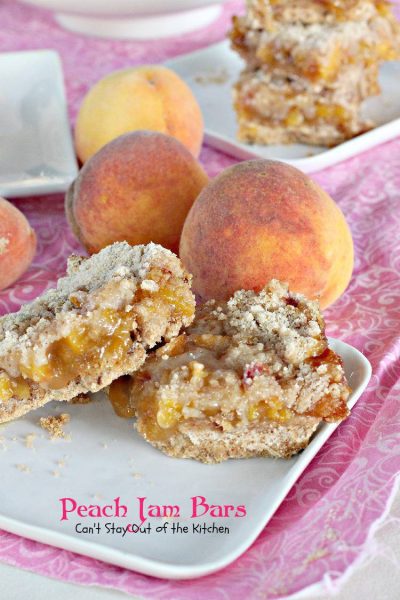 Peach Jam Bars | Can't Stay Out of the Kitchen | these ooey, gooey #cookies are filled with #peachjam fresh #peaches and have a #streusel topping. #dessert