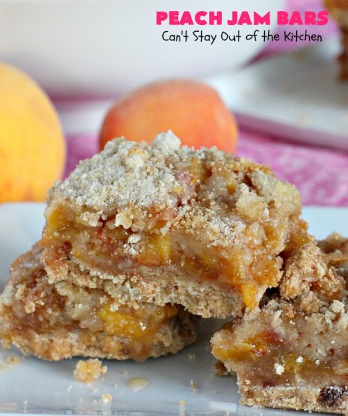 Peach Jam Bars | Can't Stay Out of the Kitchen | these ooey, gooey fantastic #cookies are filled with #PeachJam & fresh #peaches. They also have a #streusel topping. They're rich, decadent & heavenly! Terrific #dessert for #tailgating parties, potlucks, backyard BBQs or for the summer #holidays when peaches are in season. #PeachJamBars #PeachDessert #PeachJamDessert #HolidayDessert