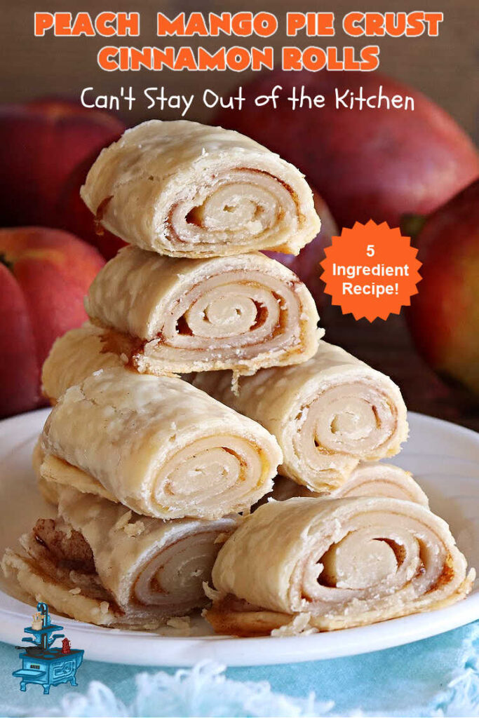 Peach Mango Pie Crust Cinnamon Rolls | Can't Stay Out of the Kitchen | These irresistible sweet treats contain a #PeachMango #fruit spread that's out of this world. This easy #5Ingredient #recipe can be whipped up in a jiffy. Terrific for #breakfast, #brunch or #tailgating snacks. If you enjoy #CinnamonRolls you'll love these little treasures. #cinnamon #PieCrust #PieCrustCinnamonRolls #PeachMangoPieCrustCinnamonRolls