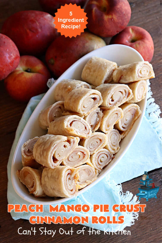 Peach Mango Pie Crust Cinnamon Rolls | Can't Stay Out of the Kitchen | These irresistible sweet treats contain a #PeachMango #fruit spread that's out of this world. This easy #5Ingredient #recipe can be whipped up in a jiffy. Terrific for #breakfast, #brunch or #tailgating snacks. If you enjoy #CinnamonRolls you'll love these little treasures. #cinnamon #PieCrust #PieCrustCinnamonRolls #PeachMangoPieCrustCinnamonRolls