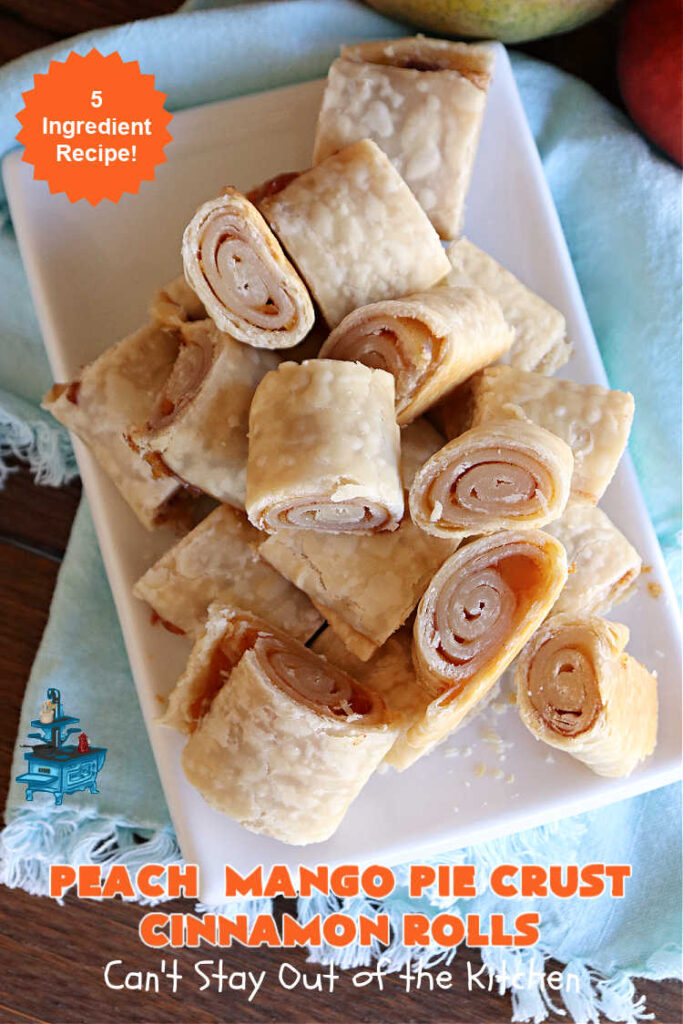 Peach Mango Pie Crust Cinnamon Rolls | Can't Stay Out of the Kitchen | These irresistible sweet treats contain a #PeachMango #fruit spread that's out of this world. This easy #5Ingredient #recipe can be whipped up in a jiffy. Terrific for #breakfast, #brunch or #tailgating snacks. If you enjoy #CinnamonRolls you'll love these little treasures. #cinnamon #PieCrust #PieCrustCinnamonRolls #PeachMangoPieCrustCinnamonRolls