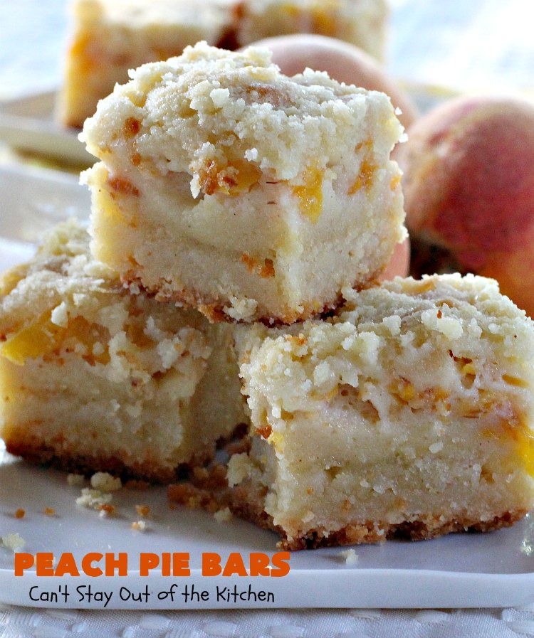 Peach Pie Bars | Can't Stay Out of the Kitchen | We love these fantastic #peachpie bars. They're so mouthwatering you can't stop at just one! Terrific for summer #holidays when fresh #peaches are in season. #MemorialDay #FourthofJuly #LaborDay #dessert