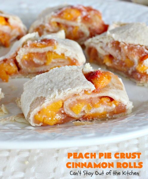 Peach Pie Crust Cinnamon Rolls | Can't Stay Out of the Kitchen | These #CinnamonRolls are awesome. They're filled with a homemade #PeachPieFilling then rolled up in #PieCrust. We eat them most of the time for #breakfast, but these are also terrific for #dessert dolloped with ice cream. Whether you serve them for breakfast or dessert, you'll be drooling over every bite. #PeachPieCrustCinnamonRolls #PeachDessert #PieCrustCinnamonRolls #holiday #southern #HolidayBreakfast #FreshPeaches