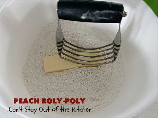 Peach Roly-Poly | Can't Stay Out of the Kitchen | This delicious #peach #dessert is half #PeachCobbler & half #PeachDumplings! #Peaches & #Cinnamon are an unbeatable combination & flavor the #pinwheels or #RolyPolys in this scrumptious #dessert. Best served right out of the oven with #IceCream. #PeachDessert #PeachRolyPoly