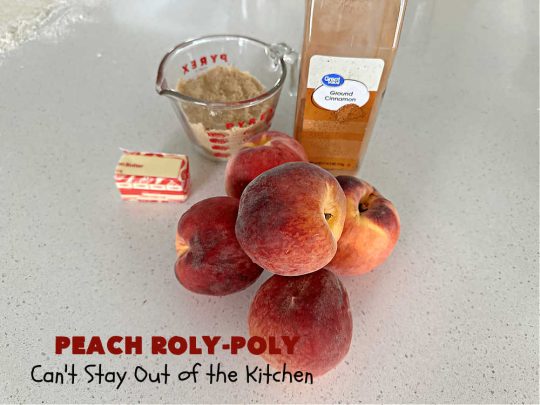 Peach Roly-Poly | Can't Stay Out of the Kitchen | This delicious #peach #dessert is half #PeachCobbler & half #PeachDumplings! #Peaches & #Cinnamon are an unbeatable combination & flavor the #pinwheels or #RolyPolys in this scrumptious #dessert. Best served right out of the oven with #IceCream. #PeachDessert #PeachRolyPoly
