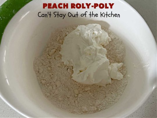 Peach Roly-Poly | Can't Stay Out of the Kitchen | This delicious #peach #dessert is half #PeachCobbler & half #PeachDumplings! #Peaches & #Cinnamon are an unbeatable combination & flavor the #pinwheels or #RolyPolys in this scrumptious #dessert. Best served right out of the oven with #IceCream. #PeachDessert #PeachRolyPoly
