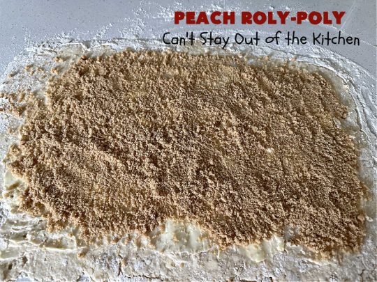 Peach Roly-Poly | Can't Stay Out of the Kitchen | This delicious #peach #dessert is half #PeachCobbler & half #PeachDumplings! #Peaches & #Cinnamon are an unbeatable combination & flavor the #pinwheels or #RolyPolys in this scrumptious #dessert. Best served right out of the oven with #IceCream. #PeachDessert #PeachRolyPoly