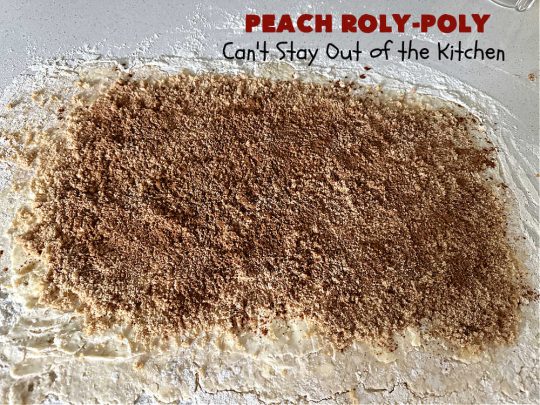 Peach Roly-Poly | Can't Stay Out of the Kitchen | This delicious #peach #dessert is half #PeachCobbler & half #PeachDumplings! #Peaches & #Cinnamon are an unbeatable combination & flavor the #pinwheels or #RolyPolys in this scrumptious #dessert. Best served right out of the oven with #IceCream. #PeachDessert #PeachRolyPoly