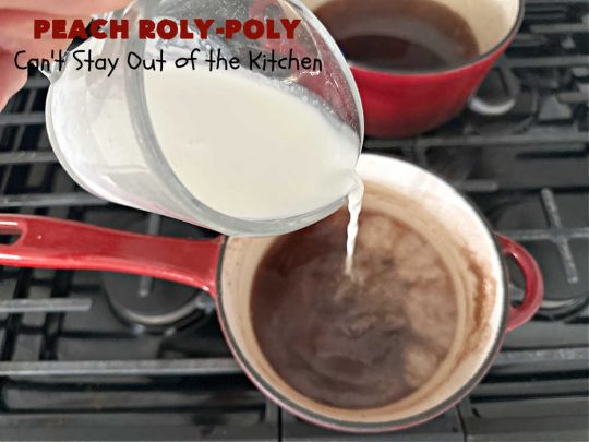 Peach Roly-Poly | Can't Stay Out of the Kitchen | This delicious #peach #dessert is half #PeachCobbler & half #PeachDumplings! #Peaches & #Cinnamon are an unbeatable combination & flavor the #pinwheels or #RolyPolys in this scrumptious #dessert. Best served right out of the oven with #IceCream. #PeachDessert #PeachRolyPoly