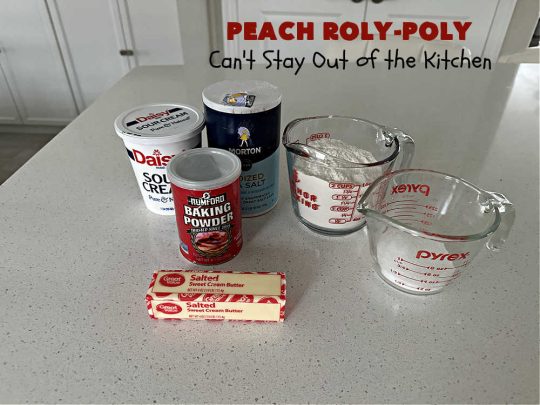 Peach Roly-Poly | Can't Stay Out of the Kitchen | This delicious #peach #dessert is half #PeachCobbler & half #PeachDumplings! #Peaches & #Cinnamon are an unbeatable combination & flavor the #pinwheels or #RolyPolys in this scrumptious #dessert. Best served right out of the oven with #IceCream. #PeachDessert #PeachRolyPoly