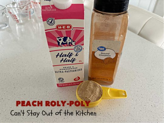 Peach Roly-Poly | Can't Stay Out of the Kitchen | This delicious #peach #dessert is half #PeachCobbler & half #PeachDumplings! #Peaches & #Cinnamon are an unbeatable combination & flavor the #pinwheels or #RolyPolys in this scrumptious #dessert. Best served right out of the oven with #IceCream. #PeachDessert #PeachRolyPoly