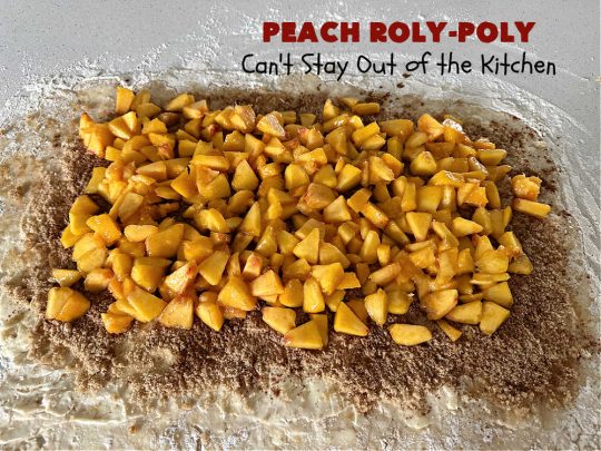 Peach Roly-Poly | Can't Stay Out of the Kitchen | This delicious #peach #dessert is half #PeachCobbler & half #PeachDumplings! #Peaches & #Cinnamon are an unbeatable combination & flavor the #pinwheels or #RolyPolys in this scrumptious #dessert. Best served right out of the oven with #IceCream. #PeachDessert #PeachRolyPoly