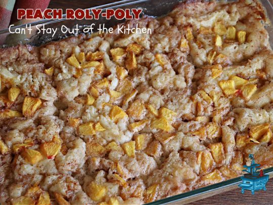 Peach Roly-Poly | Can't Stay Out of the Kitchen | This delicious #peach #dessert is half #PeachCobbler & half #PeachDumplings! #Peaches & #Cinnamon are an unbeatable combination & flavor the #pinwheels or #RolyPolys in this scrumptious #dessert. Best served right out of the oven with #IceCream. #PeachDessert #PeachRolyPoly