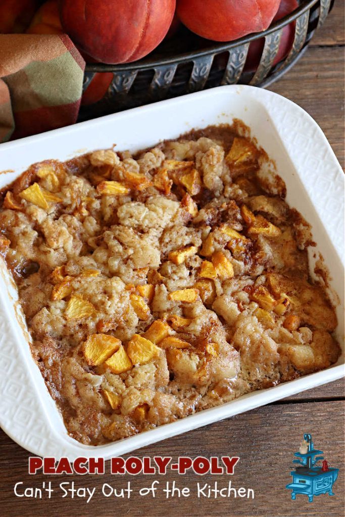 Peach Roly-Poly | Can't Stay Out of the Kitchen | This delicious #peach #dessert is half #PeachCobbler & half #PeachDumplings! #Peaches & #Cinnamon are an unbeatable combination & flavor the #pinwheels or #RolyPolys in this scrumptious #dessert. Best served right out of the oven with #IceCream. #PeachDessert #PeachRolyPoly