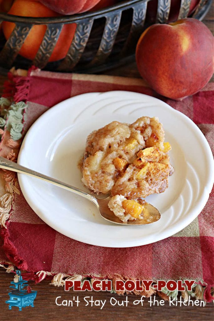 Peach Roly-Poly | Can't Stay Out of the Kitchen | This delicious #peach #dessert is half #PeachCobbler & half #PeachDumplings! #Peaches & #Cinnamon are an unbeatable combination & flavor the #pinwheels or #RolyPolys in this scrumptious #dessert. Best served right out of the oven with #IceCream. #PeachDessert #PeachRolyPoly