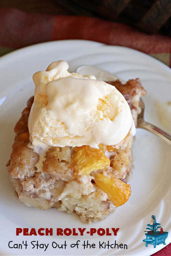 Peach Roly-Poly | Can't Stay Out of the Kitchen | This delicious #peach #dessert is half #PeachCobbler & half #PeachDumplings! #Peaches & #Cinnamon are an unbeatable combination & flavor the #pinwheels or #RolyPolys in this scrumptious #dessert. Best served right out of the oven with #IceCream. #PeachDessert #PeachRolyPoly