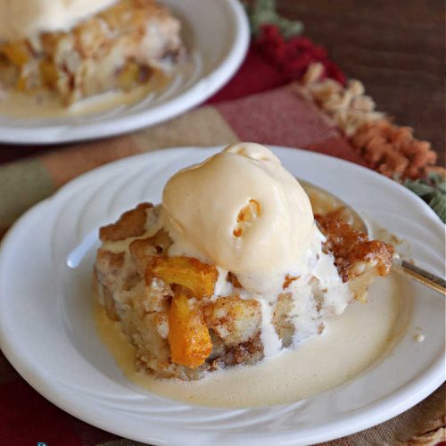 Peach Roly-Poly | Can't Stay Out of the Kitchen | This delicious #peach #dessert is half #PeachCobbler & half #PeachDumplings! #Peaches & #Cinnamon are an unbeatable combination & flavor the #pinwheels or #RolyPolys in this scrumptious #dessert. Best served right out of the oven with #IceCream. #PeachDessert #PeachRolyPoly