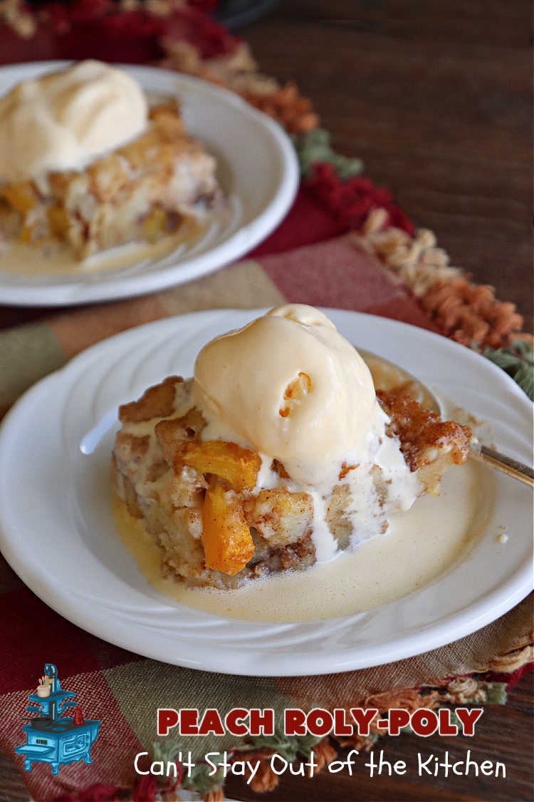 Peach Roly-Poly | Can't Stay Out of the Kitchen | This delicious #peach #dessert is half #PeachCobbler & half #PeachDumplings! #Peaches & #Cinnamon are an unbeatable combination & flavor the #pinwheels or #RolyPolys in this scrumptious #dessert. Best served right out of the oven with #IceCream. #PeachDessert #PeachRolyPoly