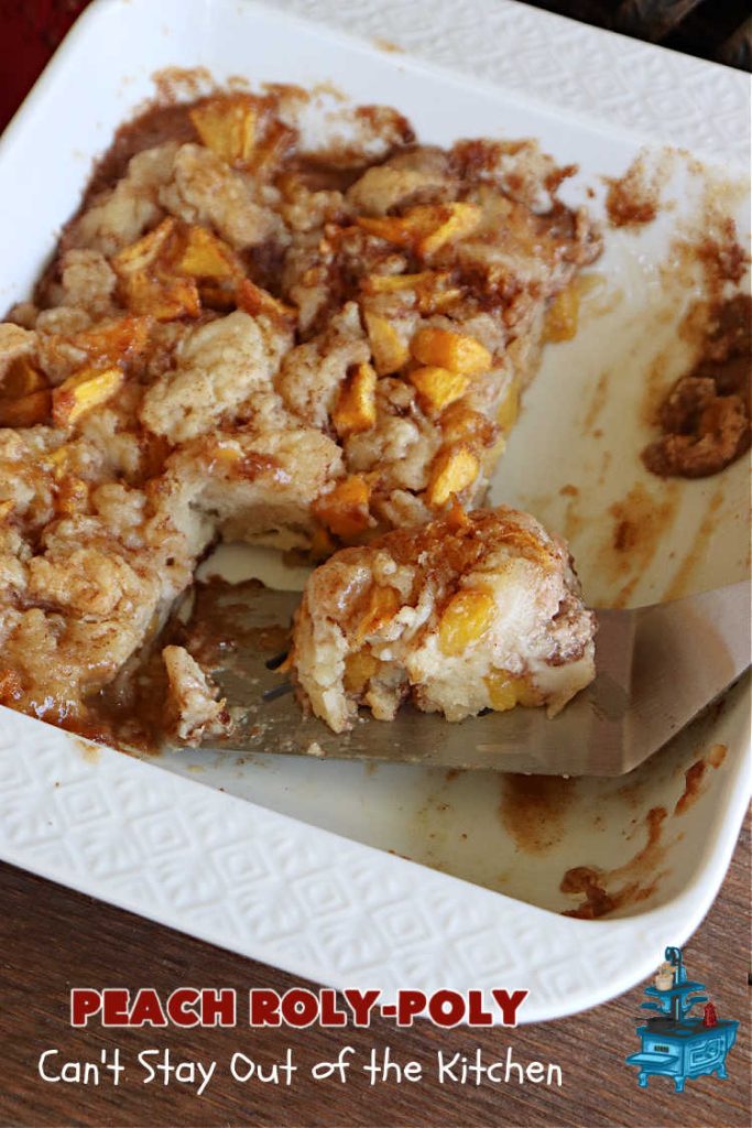 Peach Roly-Poly | Can't Stay Out of the Kitchen | This delicious #peach #dessert is half #PeachCobbler & half #PeachDumplings! #Peaches & #Cinnamon are an unbeatable combination & flavor the #pinwheels or #RolyPolys in this scrumptious #dessert. Best served right out of the oven with #IceCream. #PeachDessert #PeachRolyPoly