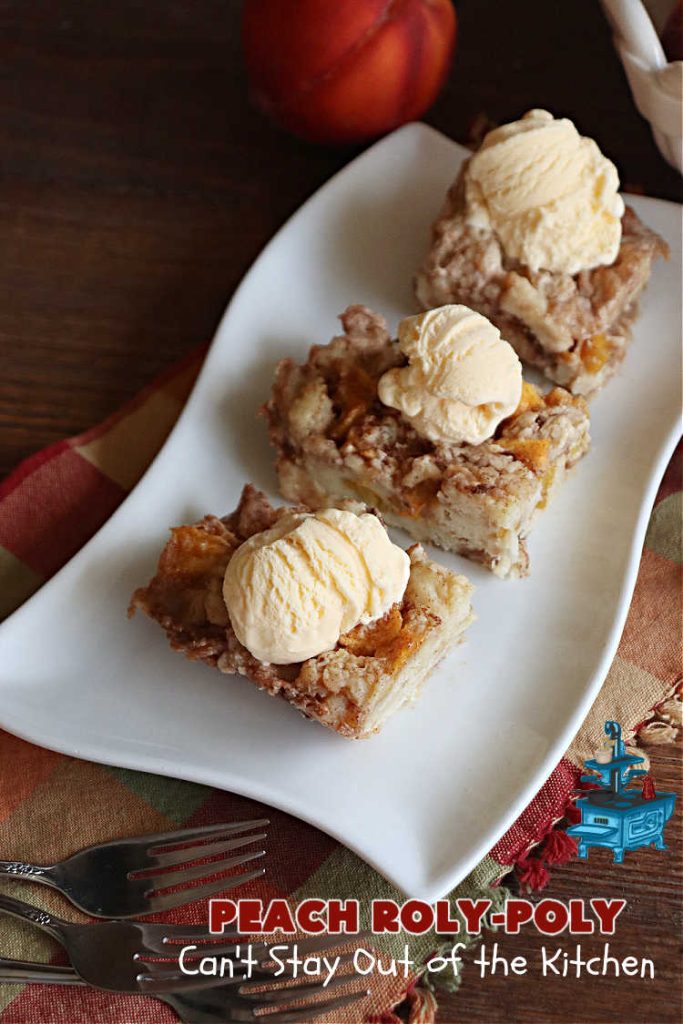 Peach Roly-Poly | Can't Stay Out of the Kitchen | This delicious #peach #dessert is half #PeachCobbler & half #PeachDumplings! #Peaches & #Cinnamon are an unbeatable combination & flavor the #pinwheels or #RolyPolys in this scrumptious #dessert. Best served right out of the oven with #IceCream. #PeachDessert #PeachRolyPoly