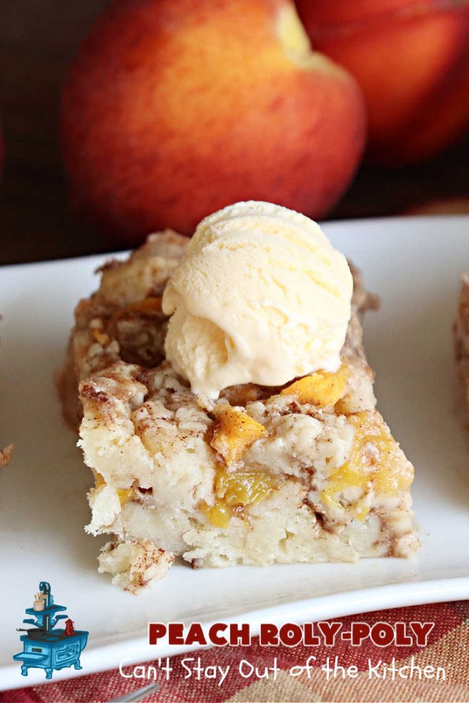 Peach Roly-Poly | Can't Stay Out of the Kitchen | This delicious #peach #dessert is half #PeachCobbler & half #PeachDumplings! #Peaches & #Cinnamon are an unbeatable combination & flavor the #pinwheels or #RolyPolys in this scrumptious #dessert. Best served right out of the oven with #IceCream. #PeachDessert #PeachRolyPoly