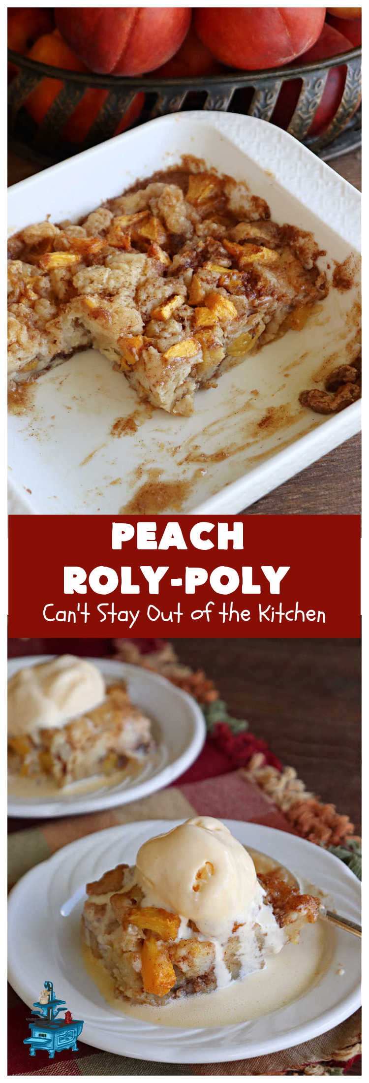 Peach Roly-Poly | Can't Stay Out of the Kitchen | This delicious #peach #dessert is half #PeachCobbler & half #PeachDumplings! #Peaches & #Cinnamon are an unbeatable combination & flavor the #pinwheels or #RolyPolys in this scrumptious #dessert. Best served right out of the oven with #IceCream. #PeachDessert #PeachRolyPoly