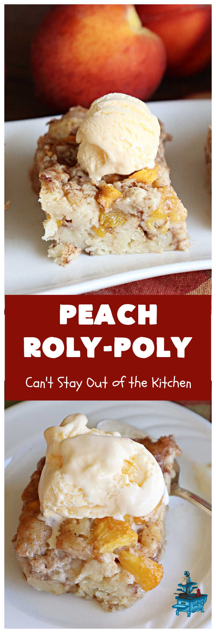 Peach Roly-Poly | Can't Stay Out of the Kitchen | This delicious #peach #dessert is half #PeachCobbler & half #PeachDumplings! #Peaches & #Cinnamon are an unbeatable combination & flavor the #pinwheels or #RolyPolys in this scrumptious #dessert. Best served right out of the oven with #IceCream. #PeachDessert #PeachRolyPoly