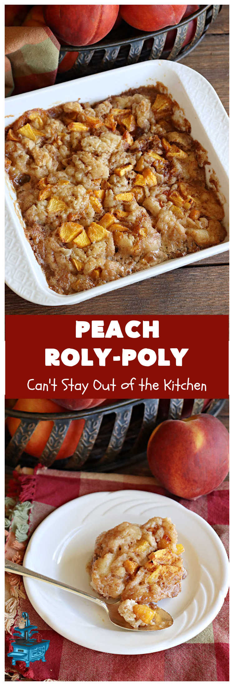 Peach Roly-Poly | Can't Stay Out of the Kitchen | This delicious #peach #dessert is half #PeachCobbler & half #PeachDumplings! #Peaches & #Cinnamon are an unbeatable combination & flavor the #pinwheels or #RolyPolys in this scrumptious #dessert. Best served right out of the oven with #IceCream. #PeachDessert #PeachRolyPoly