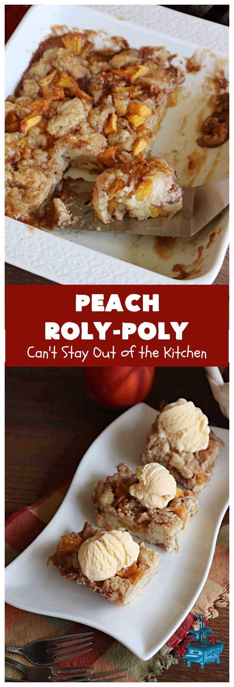 Peach Roly-Poly | Can't Stay Out of the Kitchen | This delicious #peach #dessert is half #PeachCobbler & half #PeachDumplings! #Peaches & #Cinnamon are an unbeatable combination & flavor the #pinwheels or #RolyPolys in this scrumptious #dessert. Best served right out of the oven with #IceCream. #PeachDessert #PeachRolyPoly