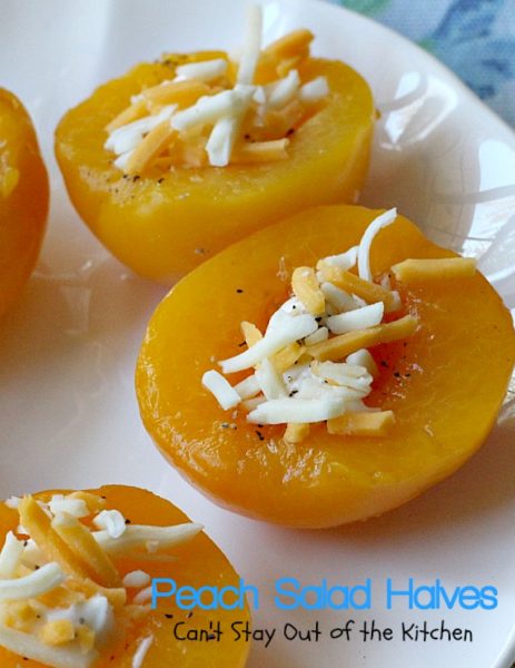 Peach Salad Halves | Can't Stay Out of the Kitchen | this lovely #fruit #salad has only 4 ingredients & is so quick and easy. Great for #holiday menus, too.