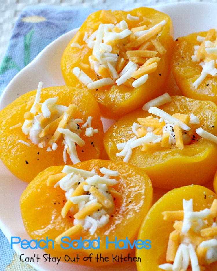 Peach Salad Halves | Can't Stay Out of the Kitchen | this lovely #fruit #salad has only 4 ingredients & is so quick and easy. Great for #holiday menus, too.