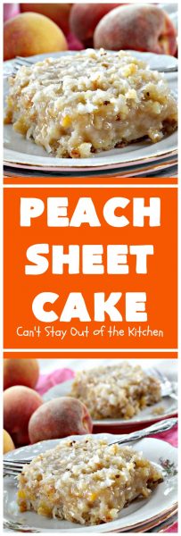 Peach Sheet Cake | Can't Stay Out of the Kitchen | this is such a decadent and delicious cake. It's made with fresh #peaches & has a #coconut #walnut frosting. Great #dessert for summer or #LaborDay parties.