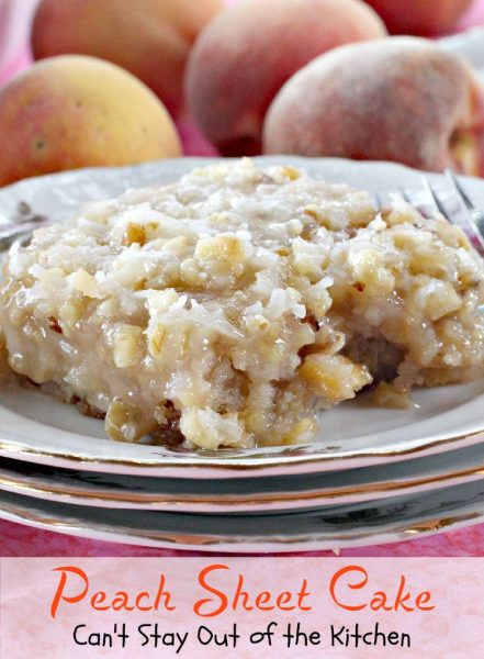 Peach Sheet Cake | Can't Stay Out of the Kitchen | rich, moist #cake filled with fresh #peaches, and topped with a gooey brown sugar icing with #pecans and #coconut. #dessert